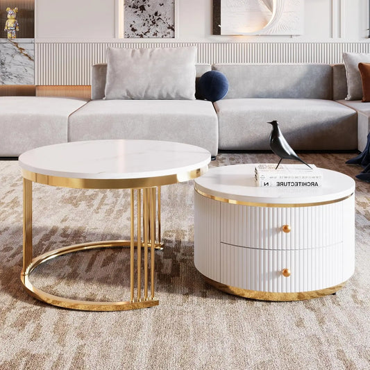 27.6, Gold+White Modern 2 Pieces Round Nesting Coffee Table with Drawers