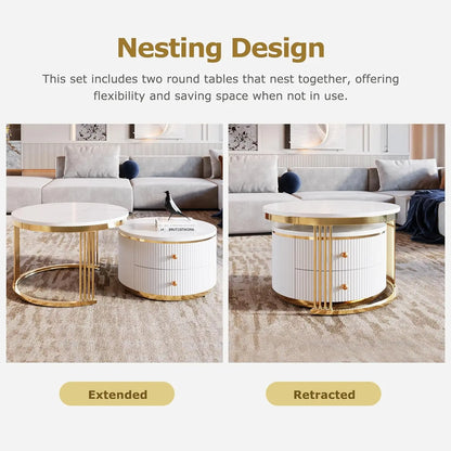 27.6, Gold+White Modern 2 Pieces Round Nesting Coffee Table with Drawers