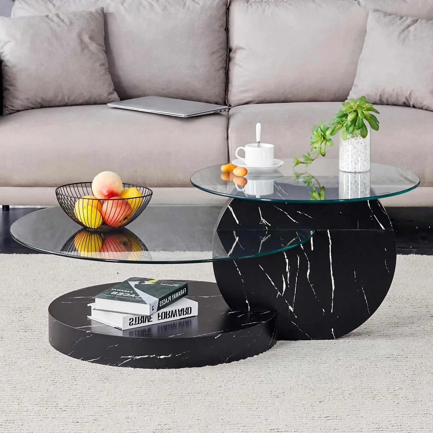 Glass Coffee Table, Modern Round Tempered Glass Coffee Tables for Living Room, 3-Tier Circle Wood Coffee Table