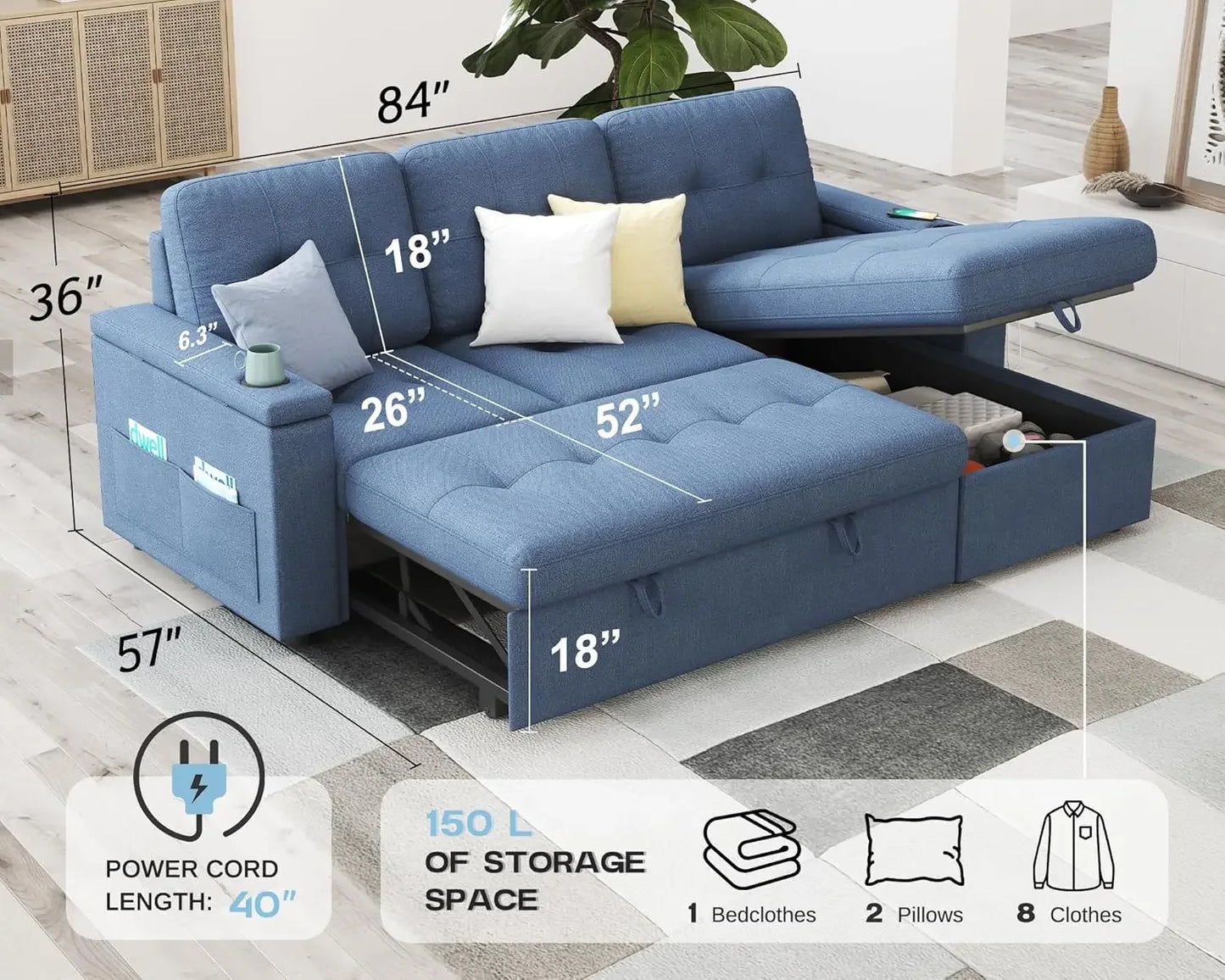 110 Inch Sofa Bed, Sleeper Couch Bed with 2 USB & Cup Holders, Oversized U Shaped Pull Out Couch with Storage Chaise & 3 Seater