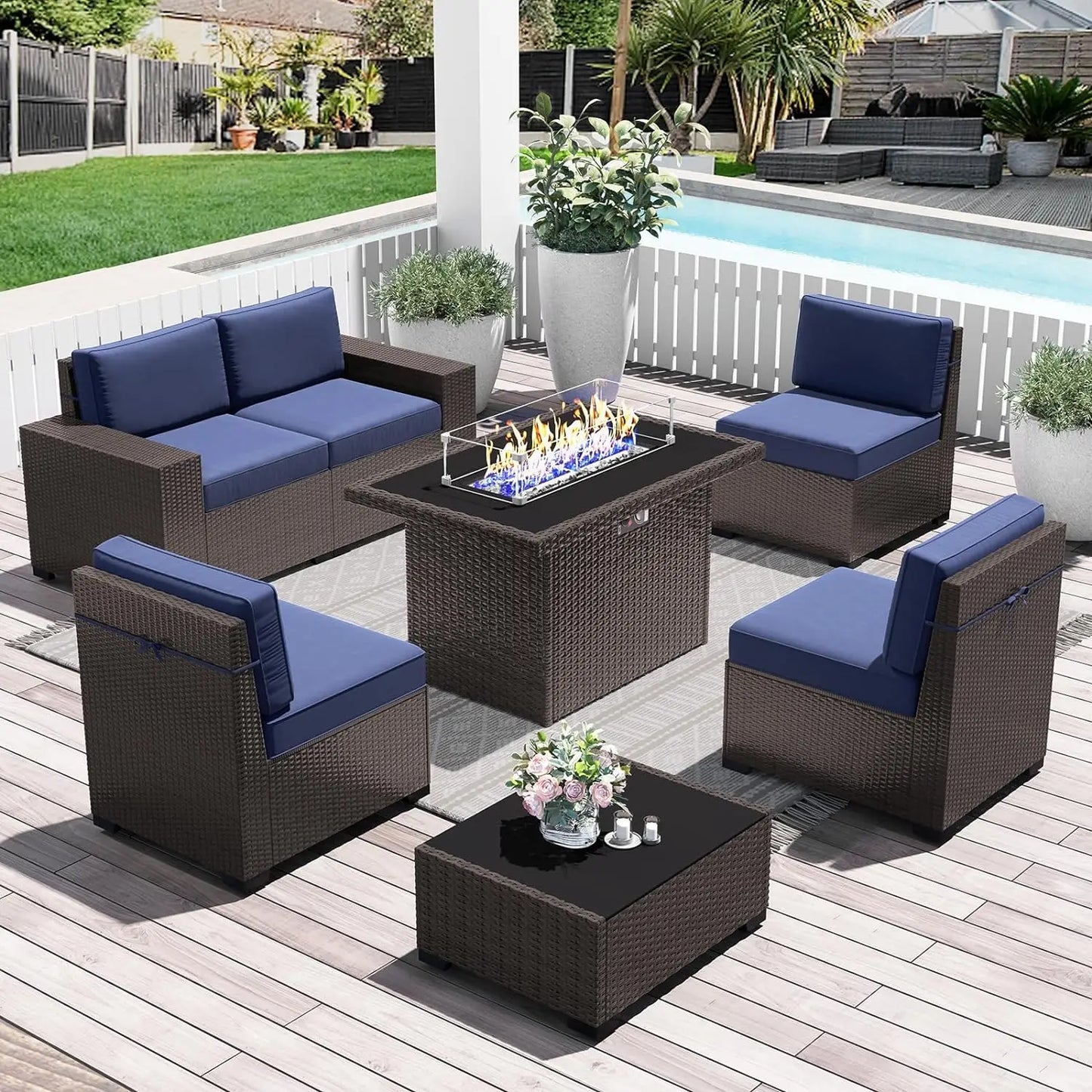 8 Piece Patio Furniture Set with 44" Propane Gas Fire Pit Table, Set Wicker Rattan Sofa Set and Coffee Table Rattan Möbel