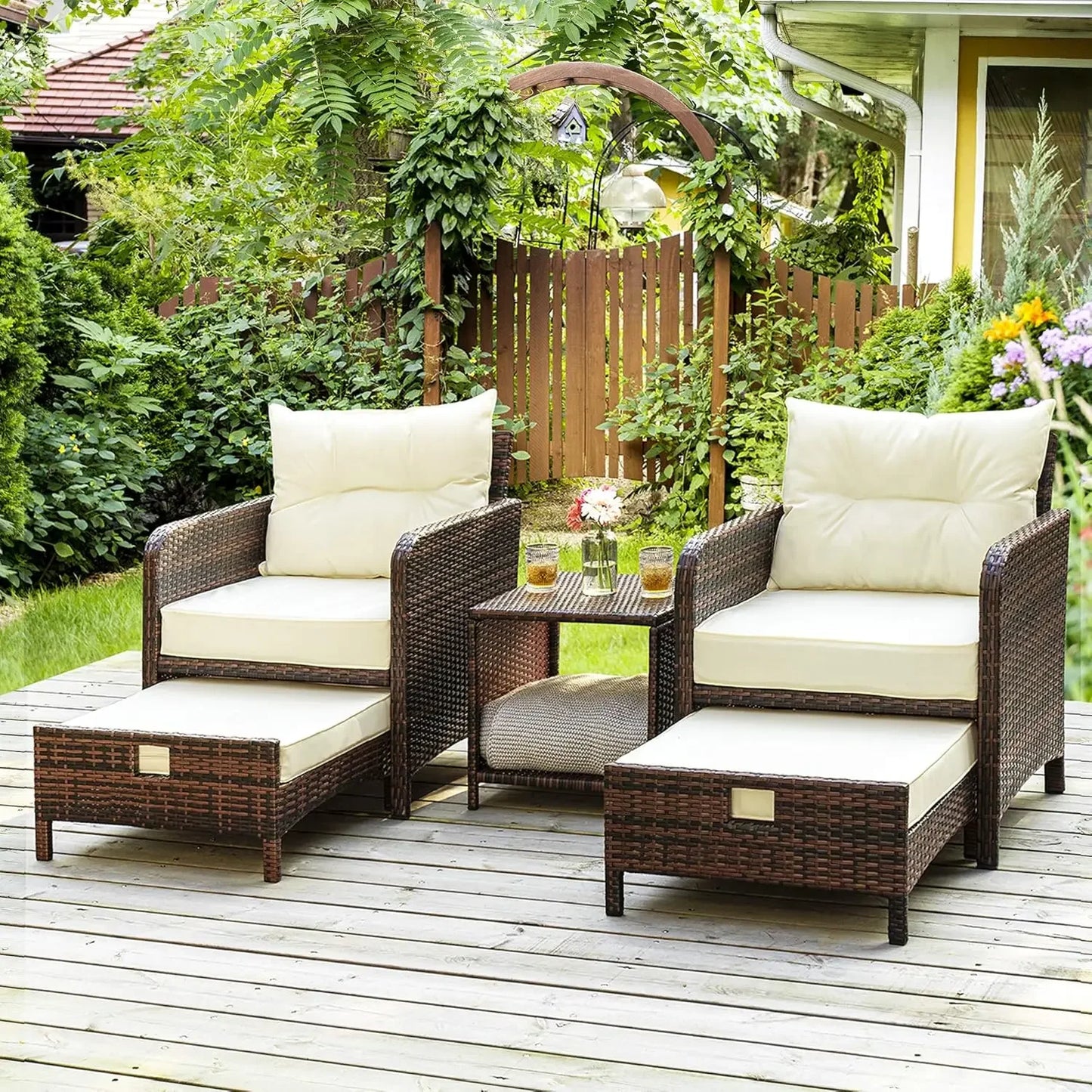 5 Pieces Wicker Patio Furniture Set Outdoor Patio Chairs with Ottomans Conversation Furniture with coffetable forPoorside Garden