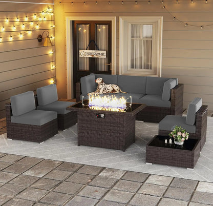 8 Piece Patio Furniture Set with 44" Propane Gas Fire Pit Table, Set Wicker Rattan Sofa Set and Coffee Table Rattan Möbel