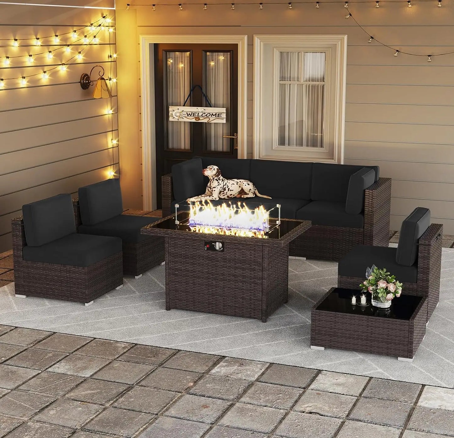 8 Piece Patio Furniture Set with 44" Propane Gas Fire Pit Table, Set Wicker Rattan Sofa Set and Coffee Table Rattan Möbel