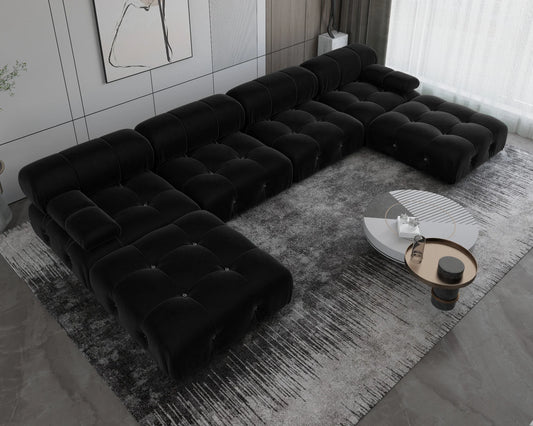 Minimalist Black Velvet Sectional Sofa with Ottomans