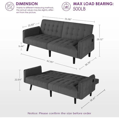 65“ Convertible Futon Sofa Bed W/ 2 USB, Upholstered Tufted Small Adjustable Folding Couch Loveseat, Mid Century Sleeper Sofa