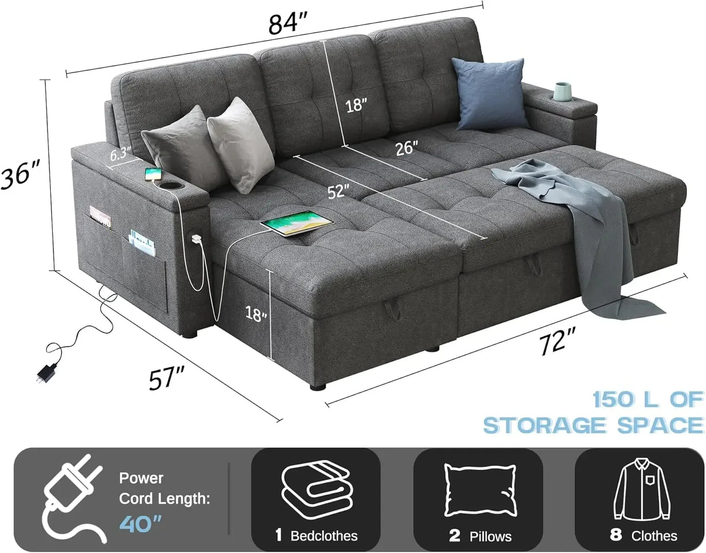 110 Inch Sofa Bed, Sleeper Couch Bed with 2 USB & Cup Holders, Oversized U Shaped Pull Out Couch with Storage Chaise & 3 Seater