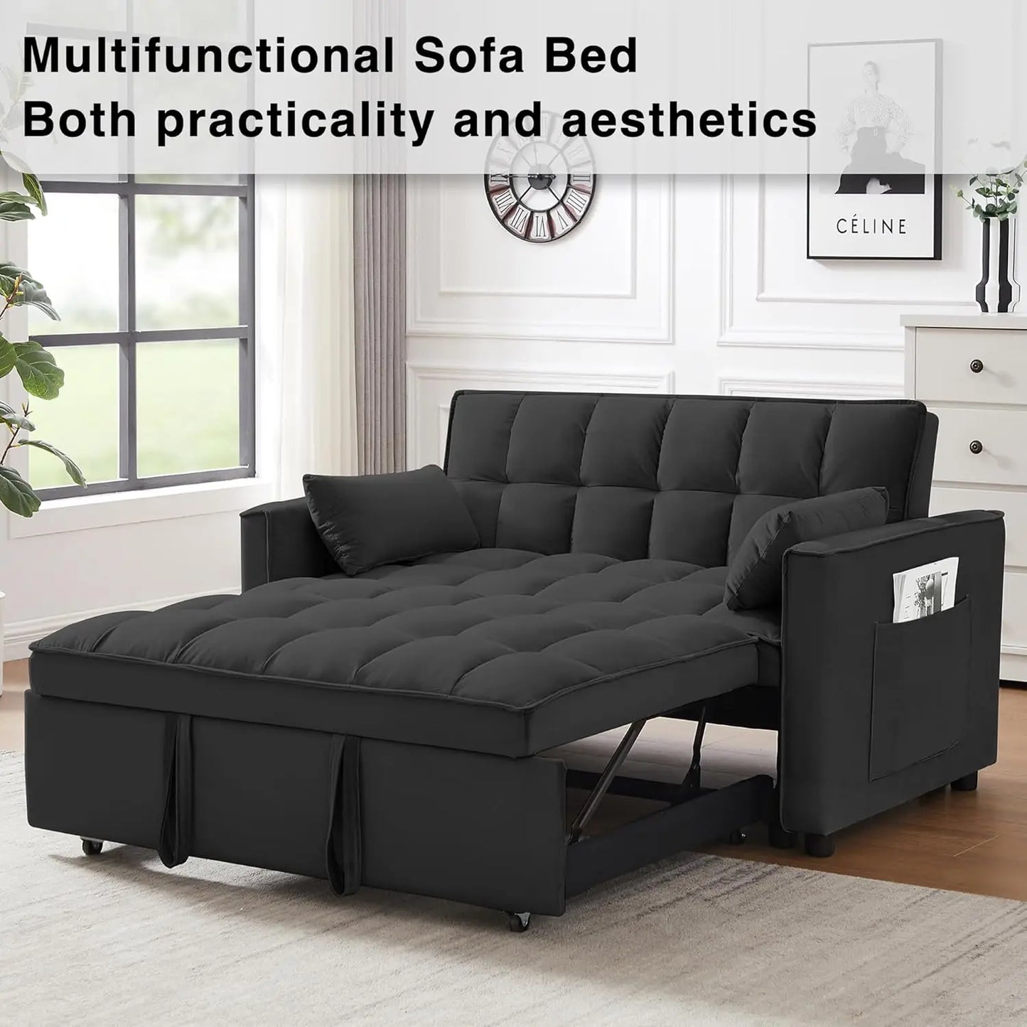 3 in 1 Convertible Sleeper Sofa Bed, Futon Couches for Living Room with Side Pocket, Adjustable Backrest, Velvet Fabric