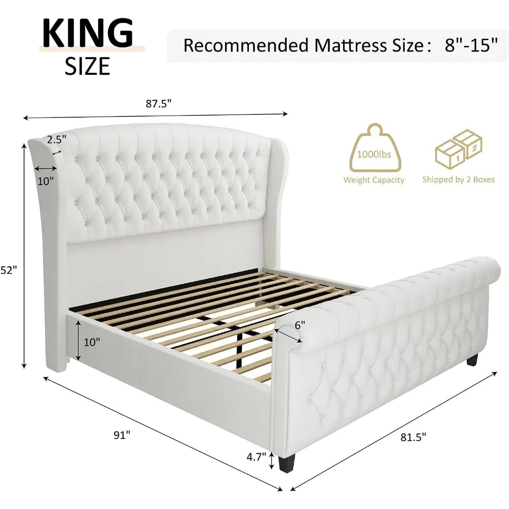 King Size Chenille Platform Bed with Wingback Headboard