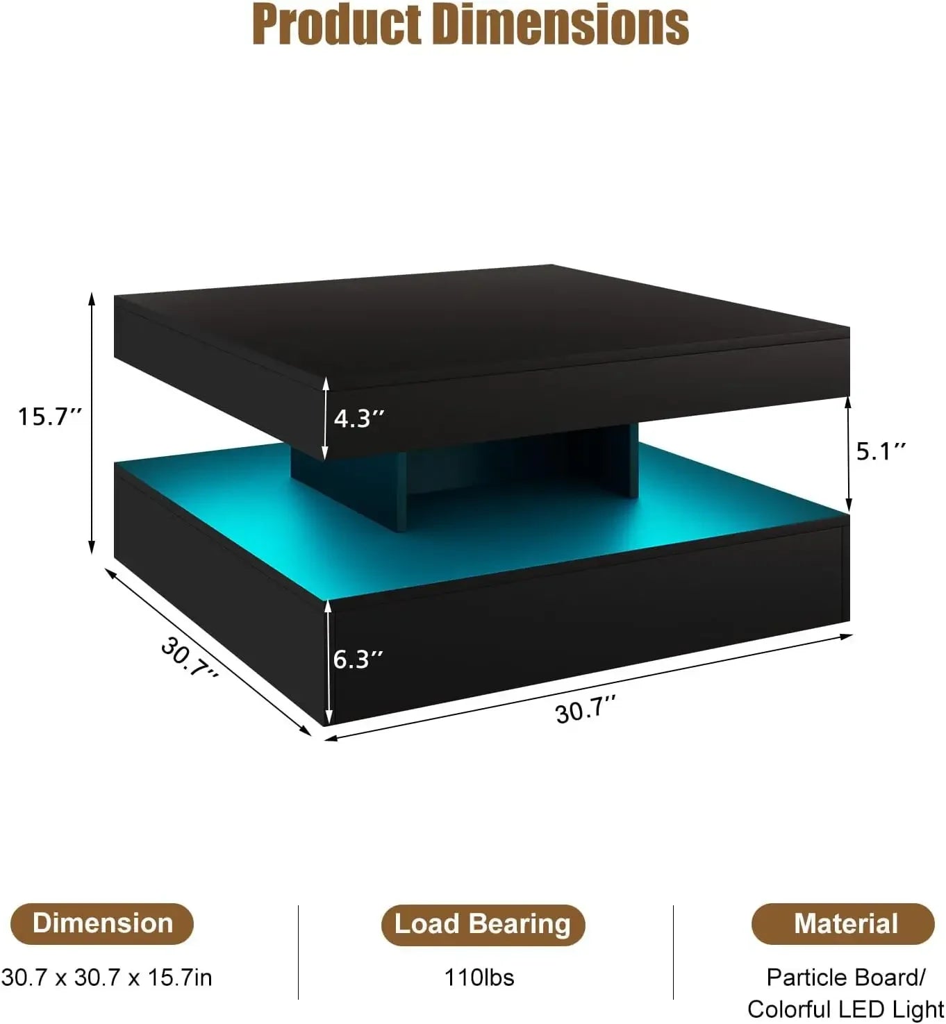 Black LED Coffee Table with Storage for Living Room Modern Smart Tall Square Center Table 2 Tier Display Shelf 20 Colors Light