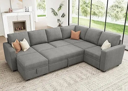 Modular Sectional Sleeper Sofa with Pull Out Bed,Corduroy Sectional CouchOttoman,U Shaped Sectional Couches Living Room,Green