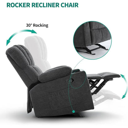 Glider Rocker Recliner Chair with Massage and Heat, Fabric Recliner Chair,Manual Rocking Recliner Chair with 2 Cup Holders