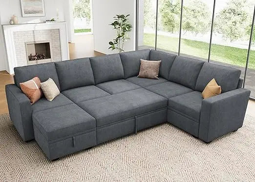 Modular Sectional Sleeper Sofa with Pull Out Bed,Corduroy Sectional CouchOttoman,U Shaped Sectional Couches Living Room,Green