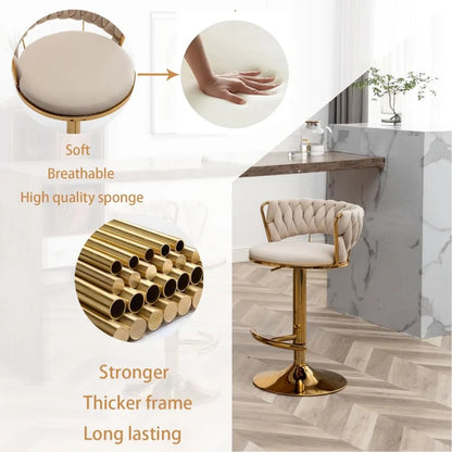 Gold Velvet Bar Stools Set of 4, Counter Height Bar Stools with Low Back, Swivel  Stool for Kitchen Island, Bar Pub (Beige)