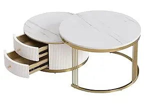 27.6, Gold+White Modern 2 Pieces Round Nesting Coffee Table with Drawers