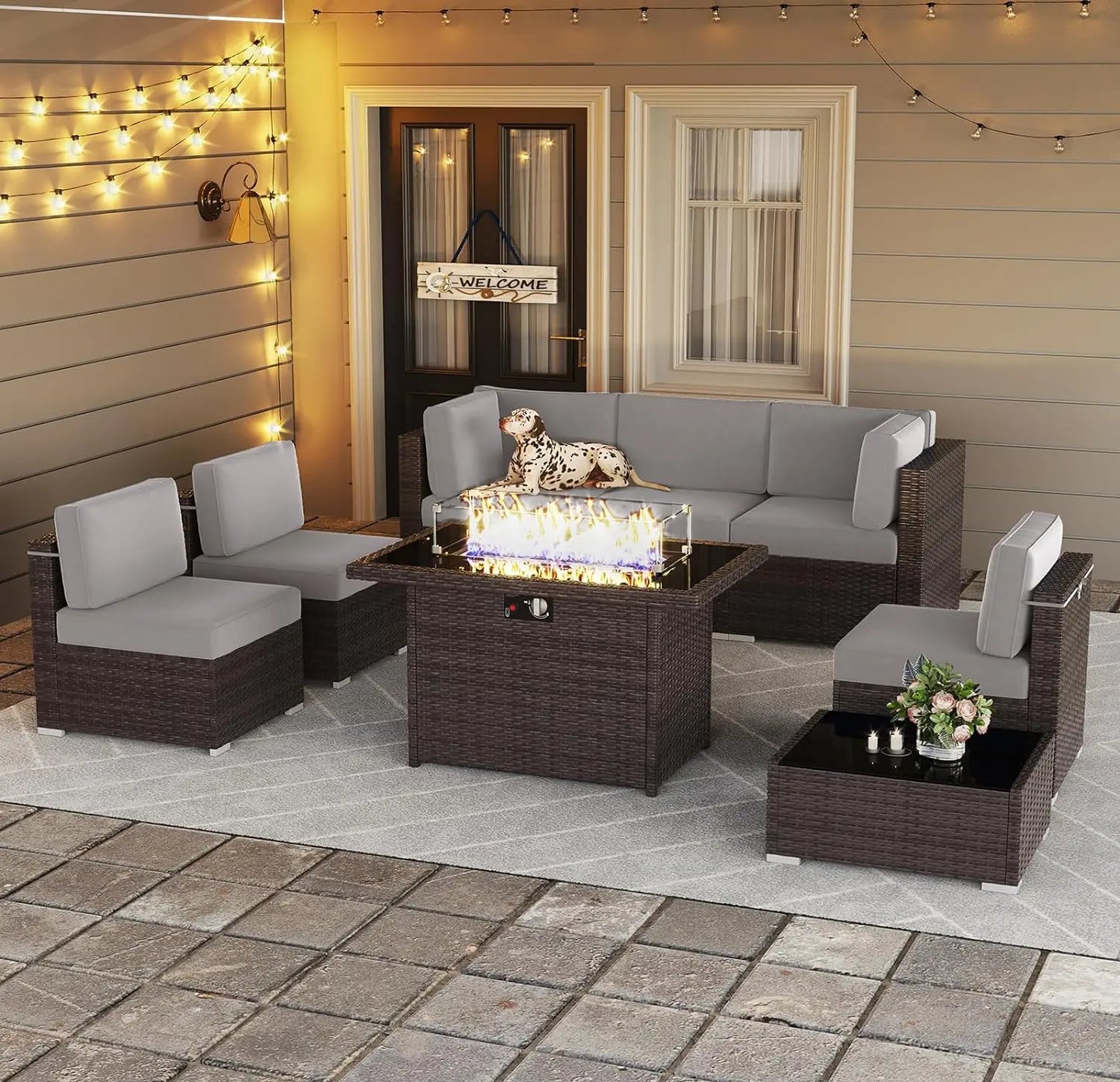 8 Piece Patio Furniture Set with 44" Propane Gas Fire Pit Table, Set Wicker Rattan Sofa Set and Coffee Table Rattan Möbel