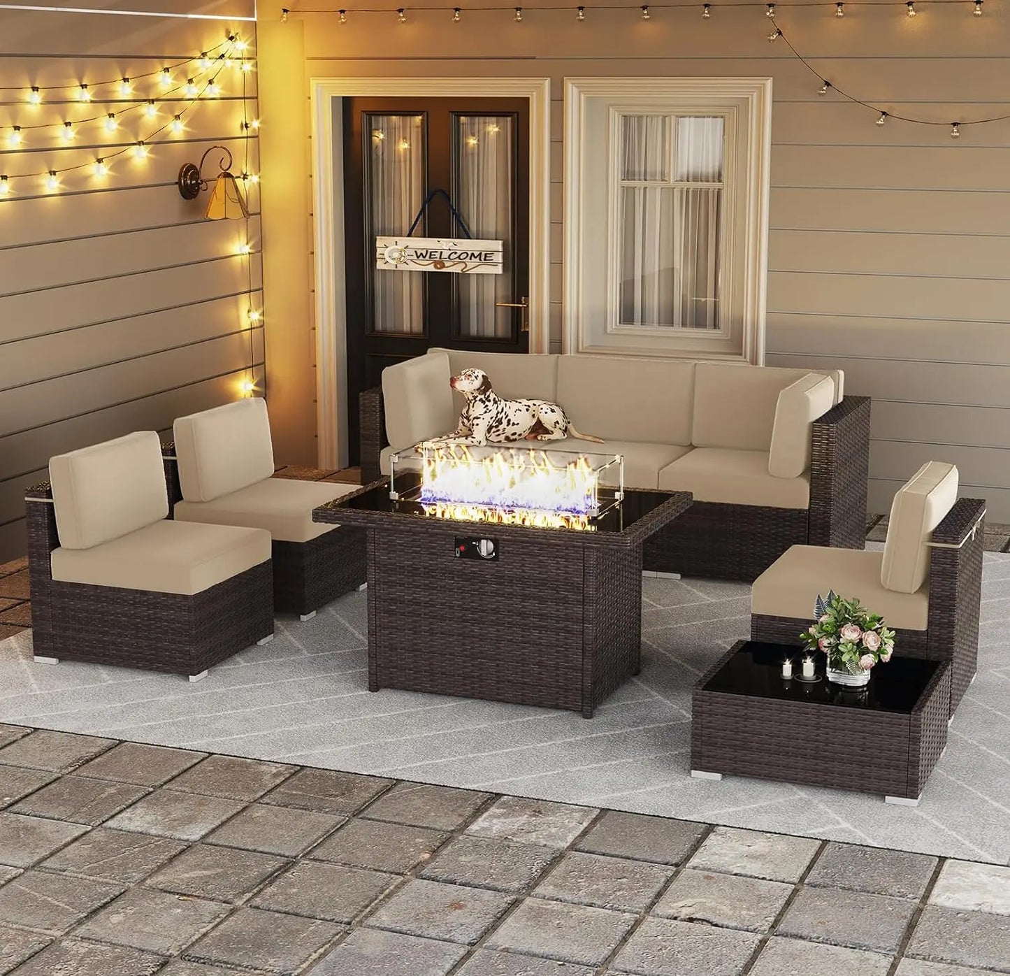 8 Piece Patio Furniture Set with 44" Propane Gas Fire Pit Table, Set Wicker Rattan Sofa Set and Coffee Table Rattan Möbel