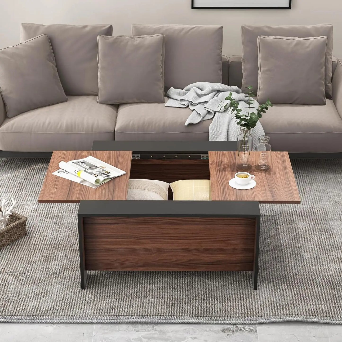 COSTWAY Sliding Top Coffee Table with Hidden Storage, 36.5” Square Pull Out Center Table w/ 5 Support Feet, Extendable Cocktail