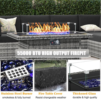 8 Piece Patio Furniture Set with 44" Propane Gas Fire Pit Table, Set Wicker Rattan Sofa Set and Coffee Table Rattan Möbel