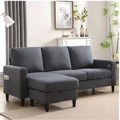 Convertible Sectional Couches for Living Room, L-Shaped Couch 3 Seats Sofas with Storage Chaise & 2 Cup Holders  home furniture