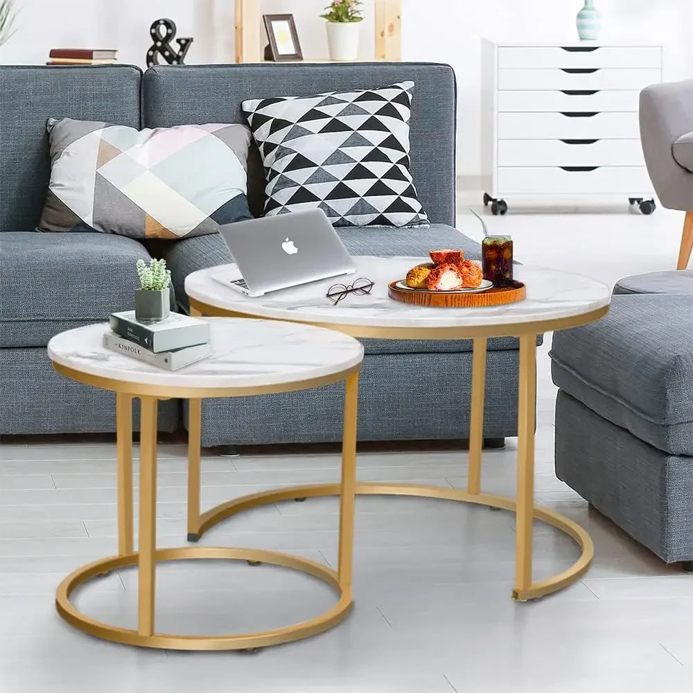 Coffee Table Nesting White Set of 2 Side Set Golden Frame Circular Round and Marble Pattern Wooden Tables