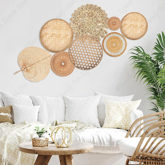 8-Piece Handmade Rattan Wall Basket Set - Boho Farmhouse Decor