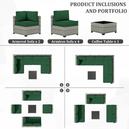 7-Piece Outdoor Patio Furniture Set with High-Resiliency Seat Cushions, Light Grey Gradient Wicker Sectional Sofa