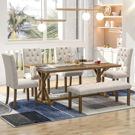 6 Piece Dining Table Set, 72-inch Wooden Rectangular Tables with 4 Upholstered Chairs and A Bench, Dining Table Set