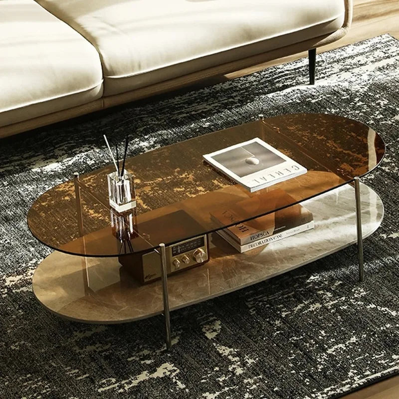 Glass Coffee Table, 2-Tier Modern Coffee Table Glass & Slate Stone Oval Center Desk for Home Office Living Room