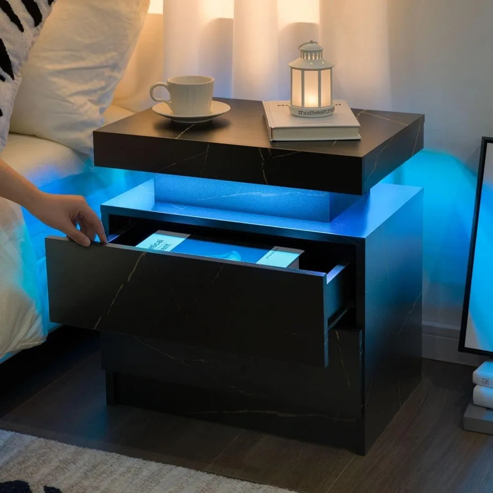 Set of 2 LED Nightstands with 2 Drawers – Modern End Tables for Bedroom or Living Room