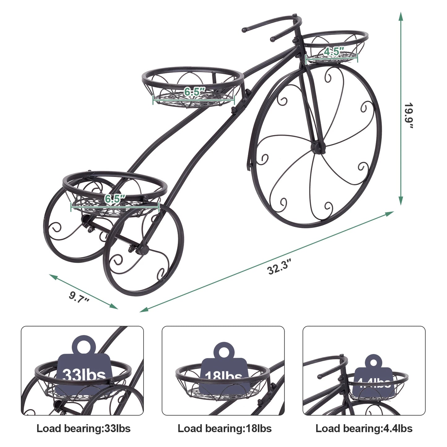 3 Tier Metal Tricycle Plant Stand Flower Pot Holder for Home Garden Patio