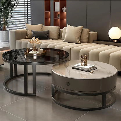 Modern Nesting Coffee Table with drawer,round,soild wood tabletop，metal frame,simple Sliding design tea table for Living Room