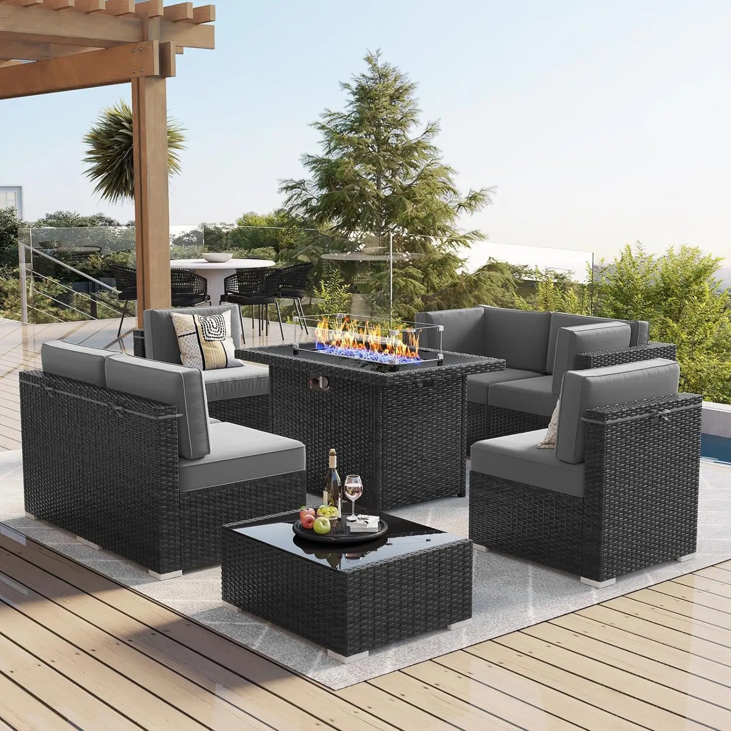 8 Piece Patio Furniture Set with 44" Propane Gas Fire Pit Table, Set Wicker Rattan Sofa Set and Coffee Table Rattan Möbel