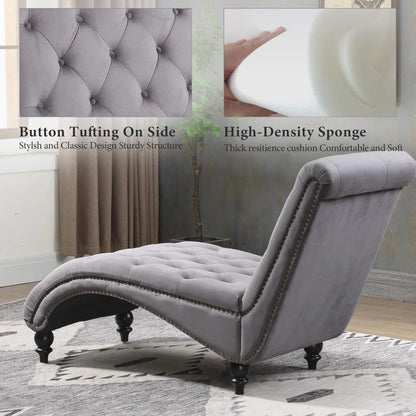 1 - Tufted Chaise Lounge Chair Indoor, Velvet Chaise Lounges with Solid Wood Legs & Support Pillow