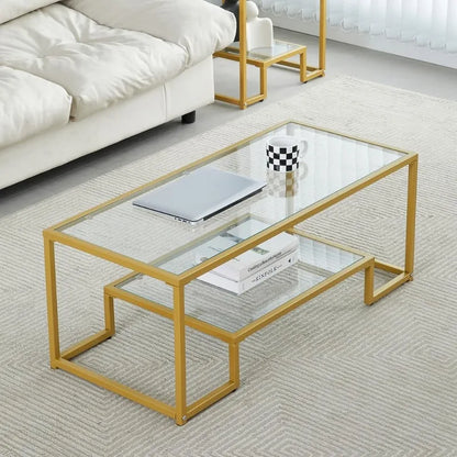 Golden Metal Glass Coffee Table - Two-Tiered with Tempered Glass, Stylish Metal Frame Coffee Table for Bedroom, Dining Room