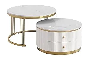 27.6, Gold+White Modern 2 Pieces Round Nesting Coffee Table with Drawers