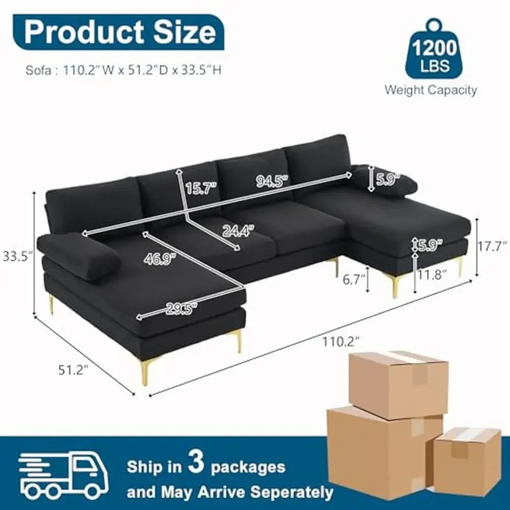 110" Black U-Shaped Sectional Sofa with Double Chaise Lounge 5.9" Thick Deep Seat Cushions 6 Person Living Room Set High-Density