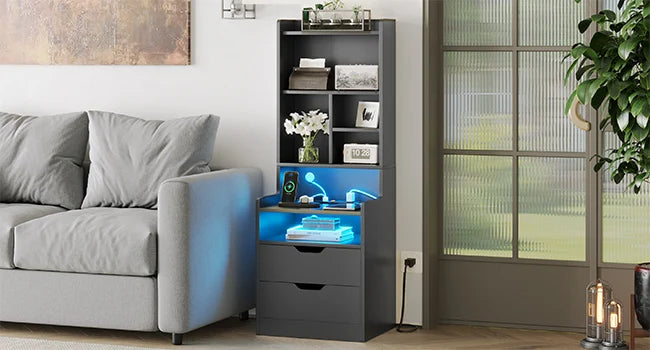 Nightstands, LED Night Stand with Charging Station, Bookshelf,Bedside Table with Power Outlets, End Side Table for Bedrooms