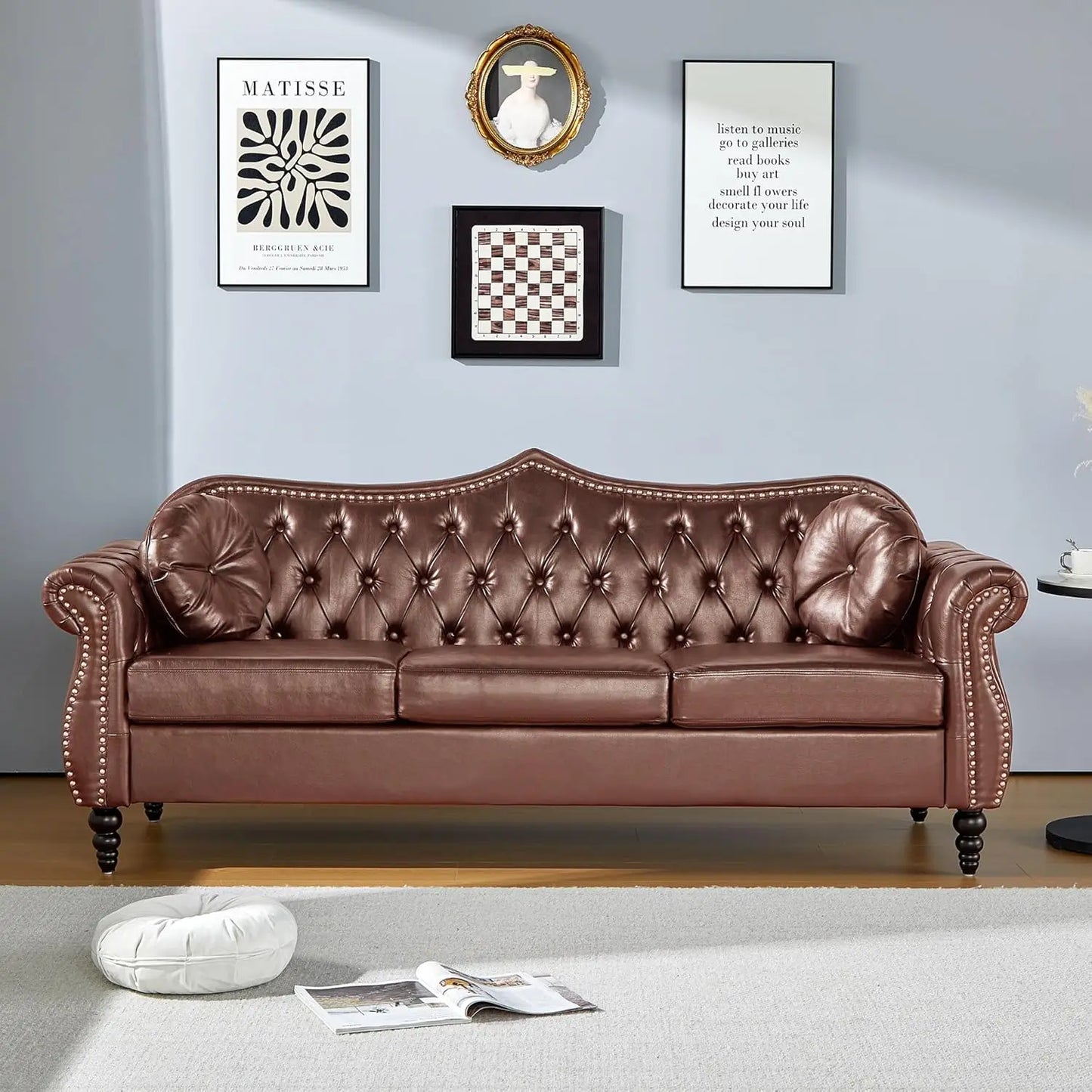 1 - AVZEAR 82" Three Seater Sofa, Chesterfield Sofa, Mid-Century Modern PU Upholstered Sofa, Deep Button Tufted Living Room Sofa wit