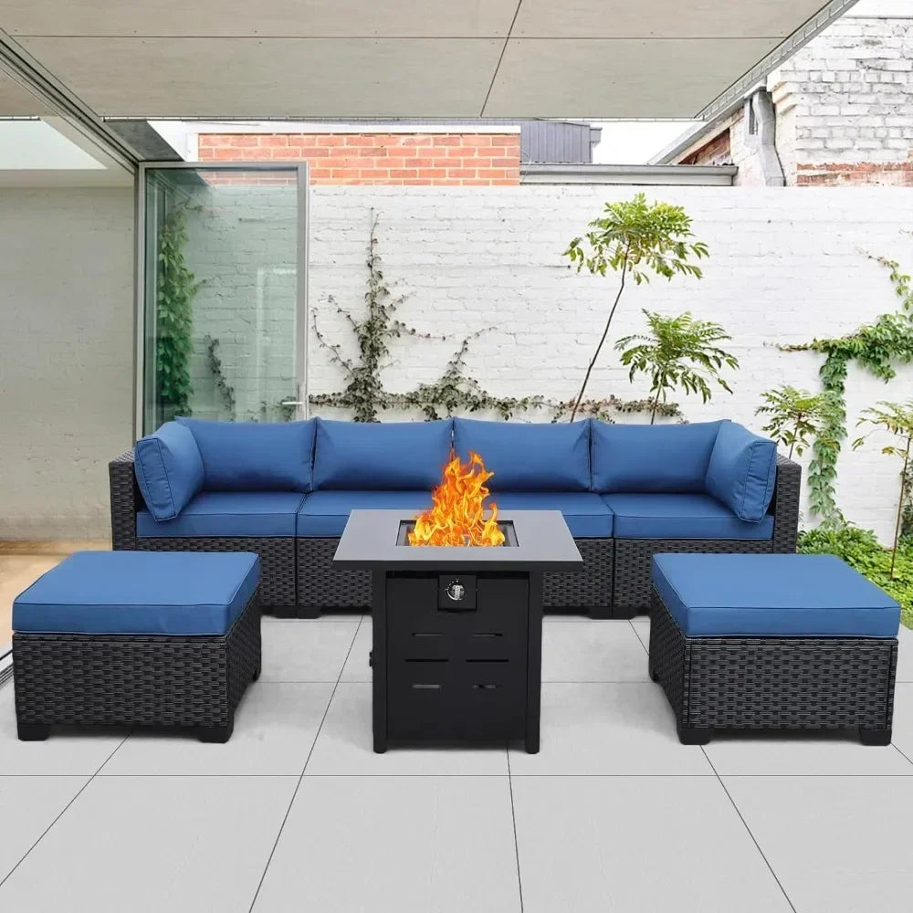 Outdoor Patio Furniture 8 Piec Set with Fire Pit Table, PE Rattan Couch Conversation Sets with Cushion, Outdoor Furniture Set