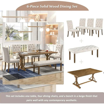 6 Piece Dining Table Set, 72-inch Wooden Rectangular Tables with 4 Upholstered Chairs and A Bench, Dining Table Set