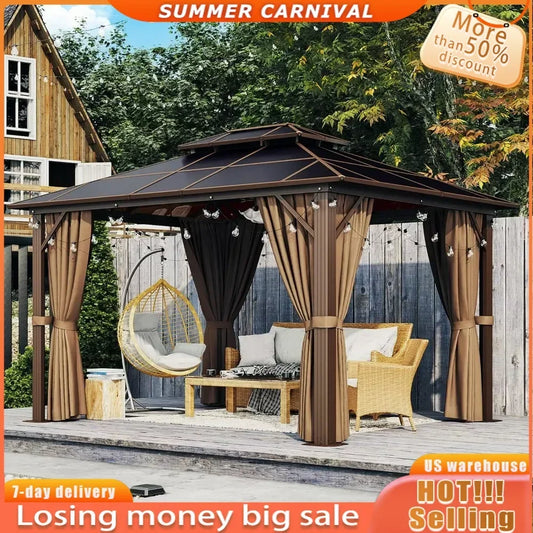 10' x 10' Gazebo - Polycarbonate Top, Frame with Curtains & Netting