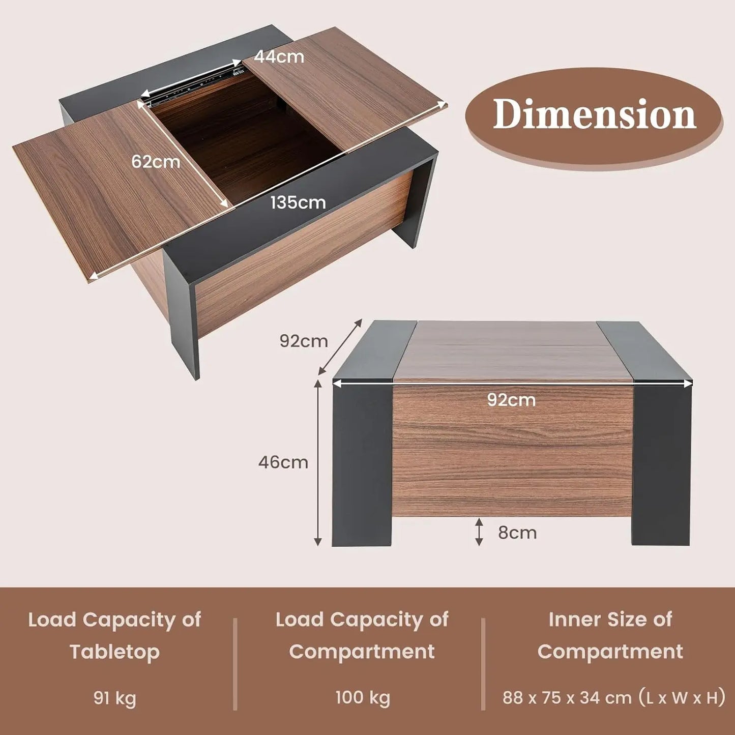 COSTWAY Sliding Top Coffee Table with Hidden Storage, 36.5” Square Pull Out Center Table w/ 5 Support Feet, Extendable Cocktail