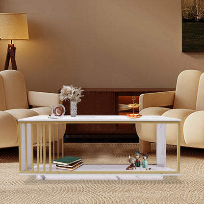 Modern 2-Tier White+Gold Coffee Table High Gloss Marble Veneer Rectangle, Waiting Area Table