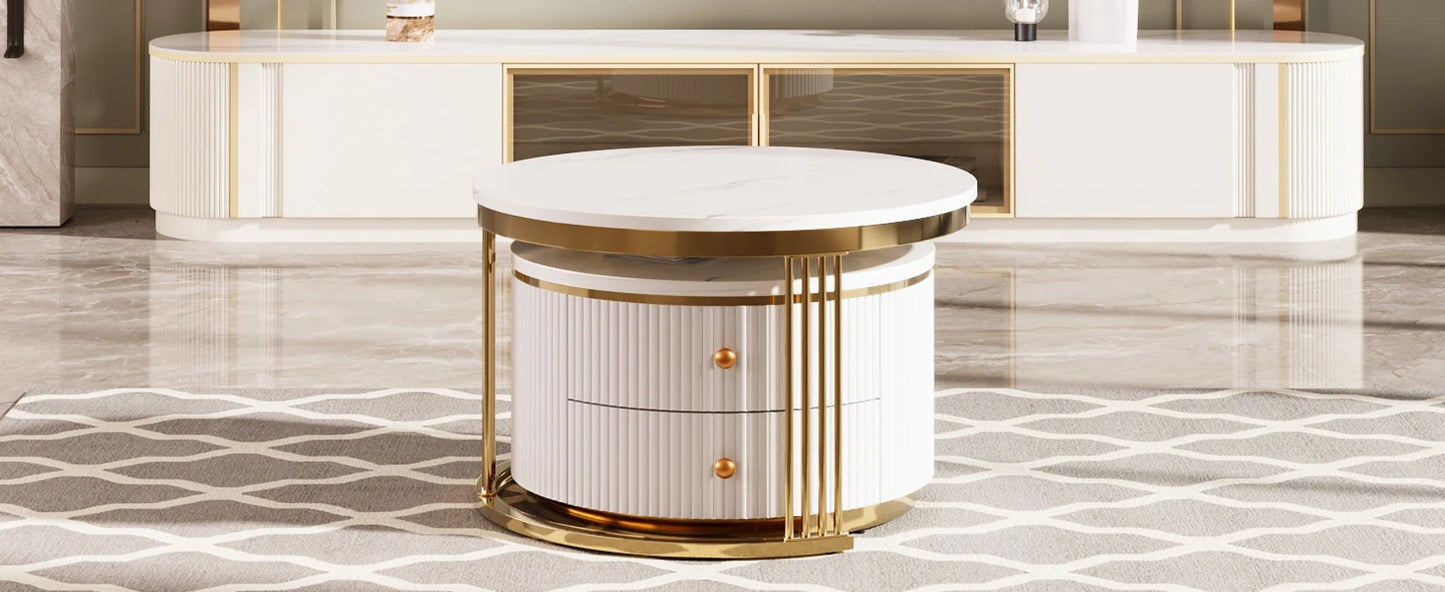 27.6, Gold+White Modern 2 Pieces Round Nesting Coffee Table with Drawers