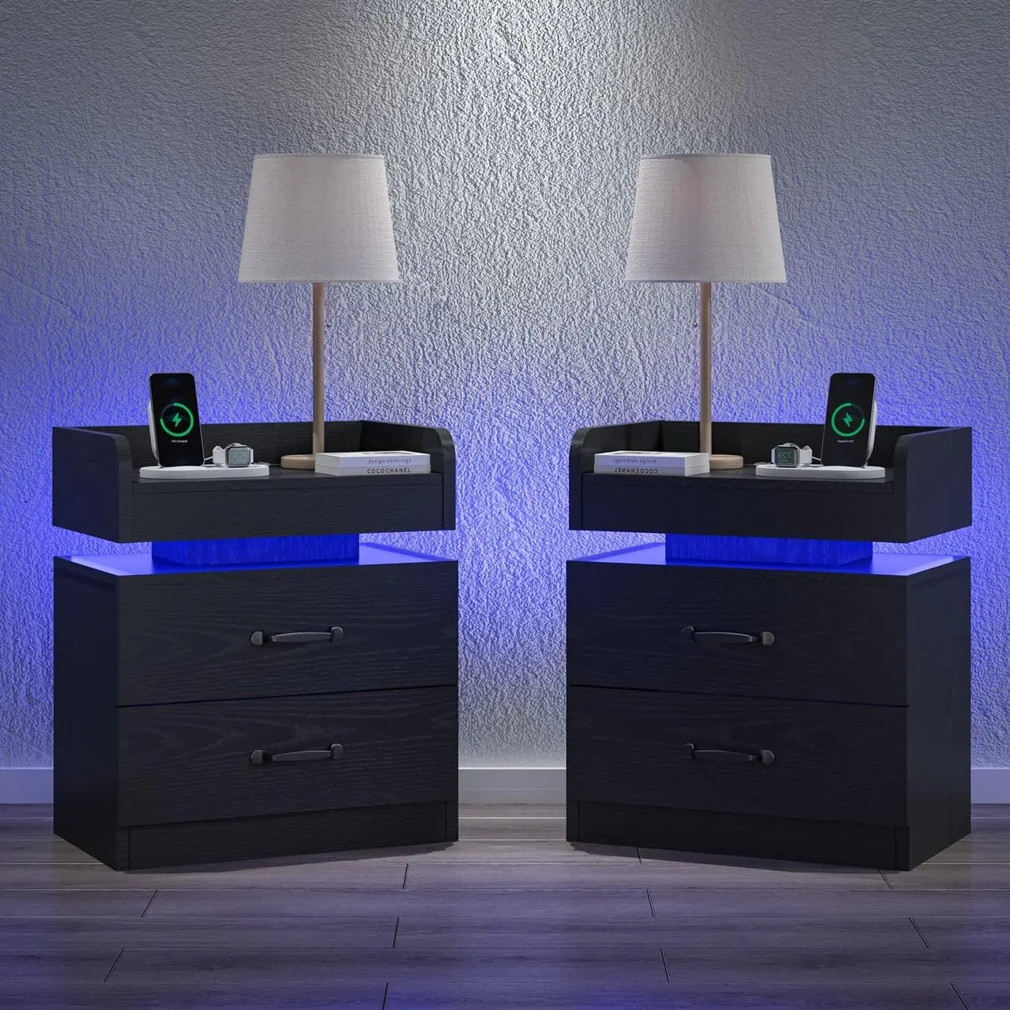 Set of 2 with Charging Station, Black Night Stand with LED Lights, Modern Led End Table LED Nightstand for Bedroom, Bedside