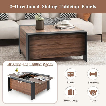 COSTWAY Sliding Top Coffee Table with Hidden Storage, 36.5” Square Pull Out Center Table w/ 5 Support Feet, Extendable Cocktail