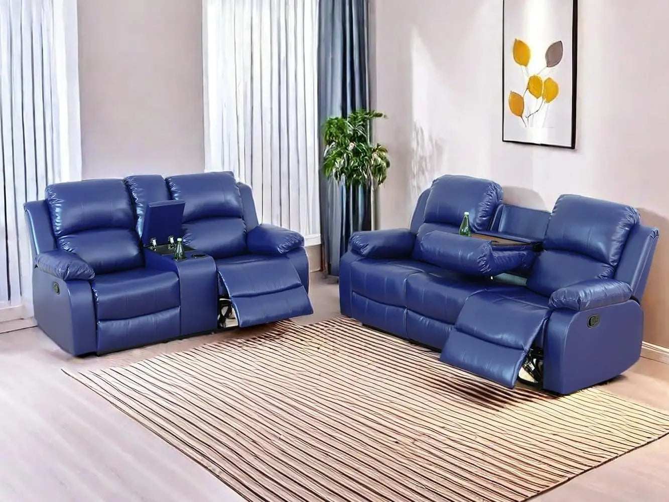 Sofa Set Living Room Furniture Reclining Couch Set with Cup Holders/Storage Console/Drop Down Table Fabric Recliner Sofa Set