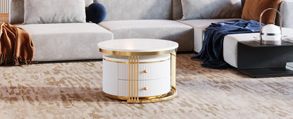 27.6, Gold+White Modern 2 Pieces Round Nesting Coffee Table with Drawers