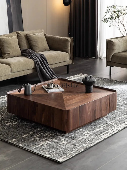 Italian Minimalist Chinese Style Black Walnut Solid Wood Tea Table Square Storage Modern Minimalist